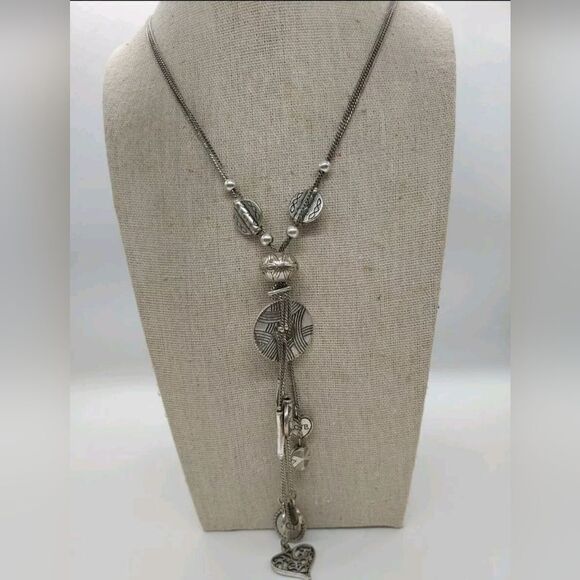 Lia Sophia Silvertone Multi Chain 31" Long Necklace Heart Disc - Picture 1 of 7